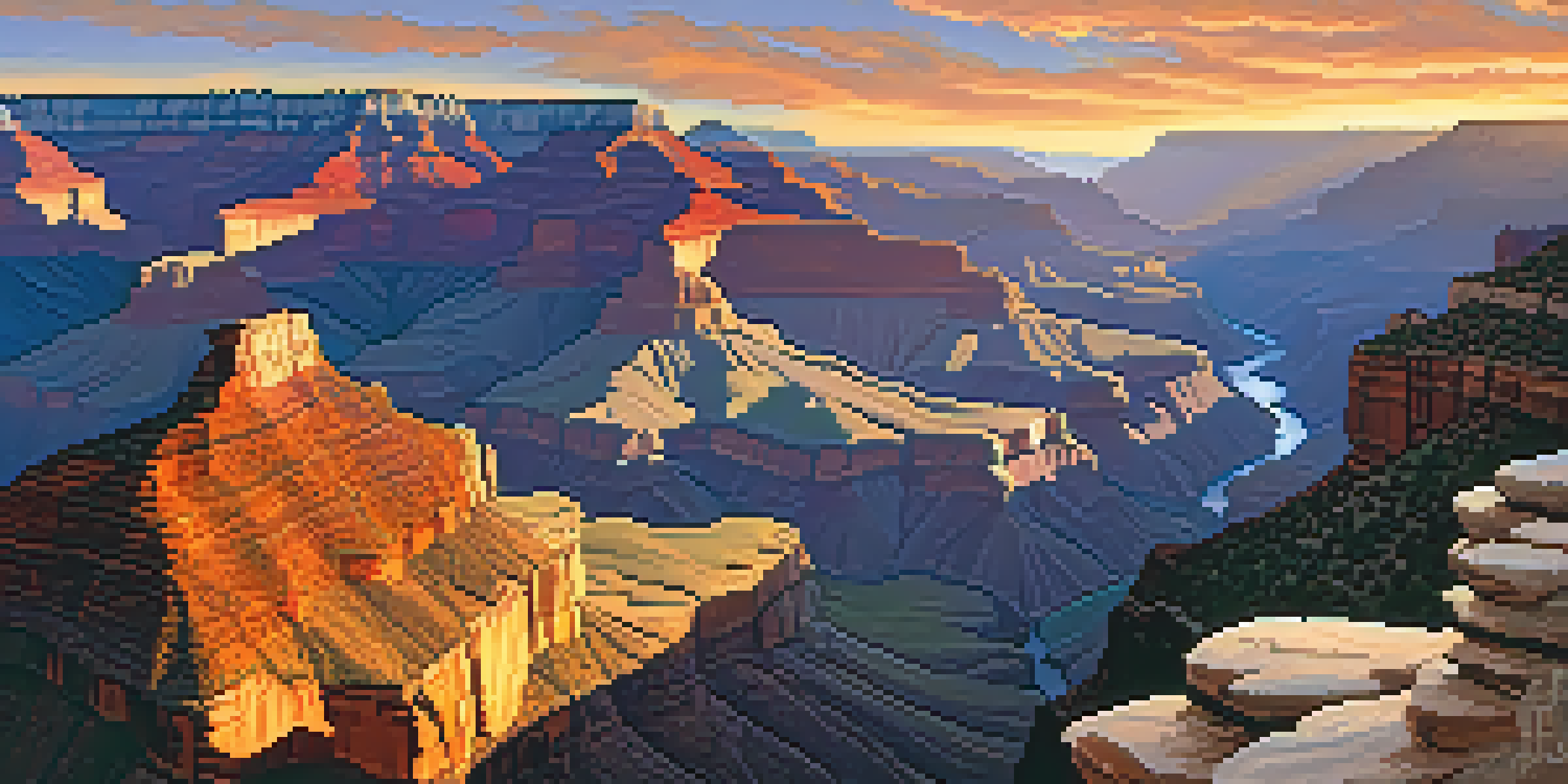 A breathtaking sunset view of the Grand Canyon with vibrant rock formations and the Colorado River visible, featuring a silhouette of a hiker at the rim.