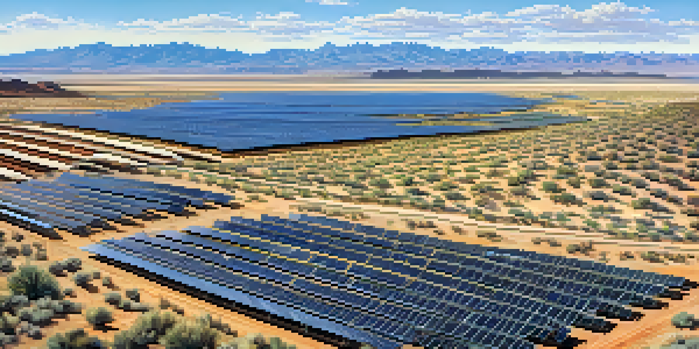 A wide landscape of Arizona featuring solar farms with numerous solar panels, bright sunlight, desert plants, and mountains in the background.