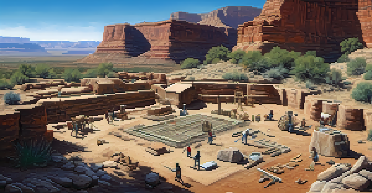 An archaeological excavation in Arizona with artifacts and a paleontologist working, with the Grand Canyon in the background.