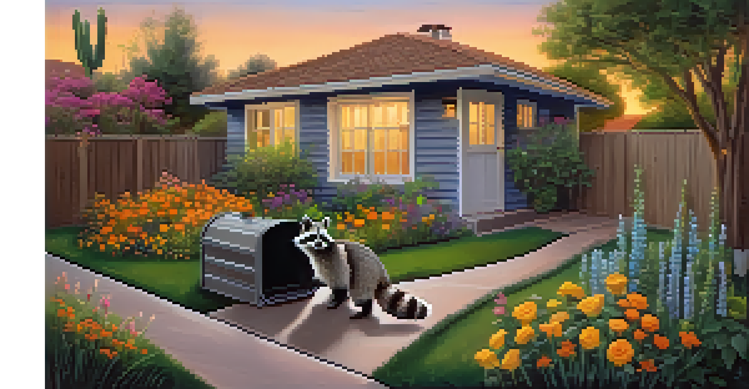 A raccoon exploring a backyard garden in Arizona, with a secured trash can and colorful flowers under evening lights.