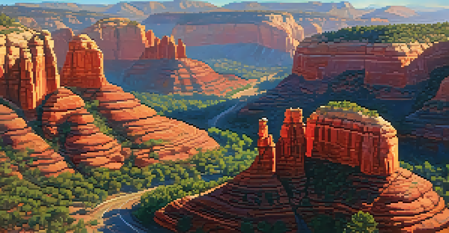 An aerial view of Sedona's red rock formations illuminated by morning light, surrounded by greenery and trails under a clear blue sky.