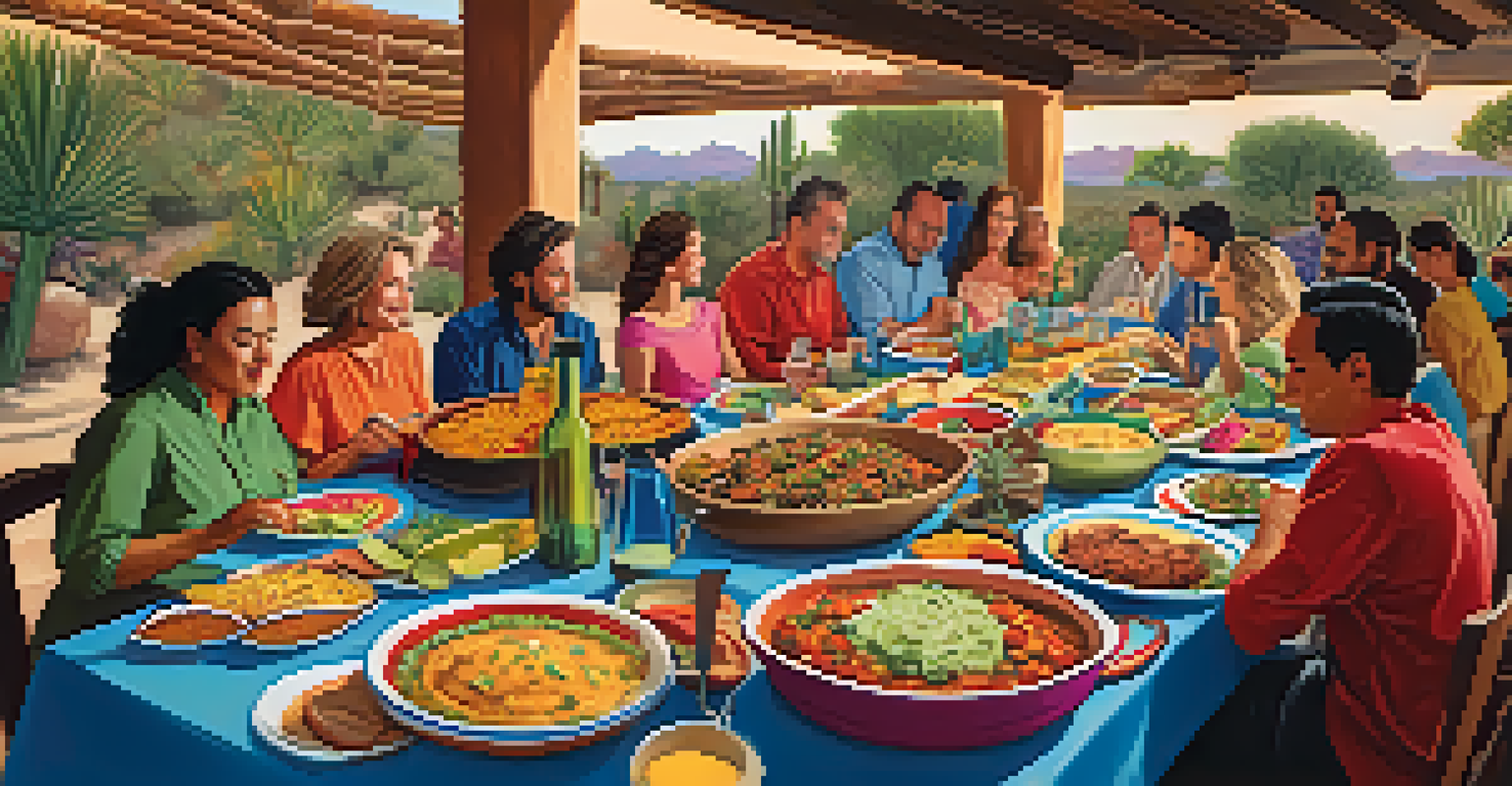 A beautifully set table with traditional dishes from Arizona and Mexico, featuring tacos, enchiladas, and colorful tableware, with guests enjoying the food.