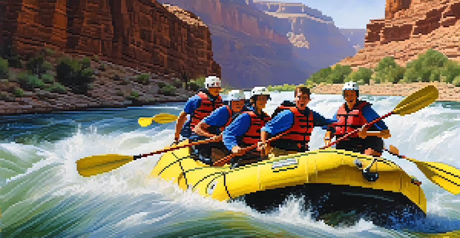 Group of rafters navigating rapids on the Colorado River, surrounded by towering canyon walls under bright sunlight.