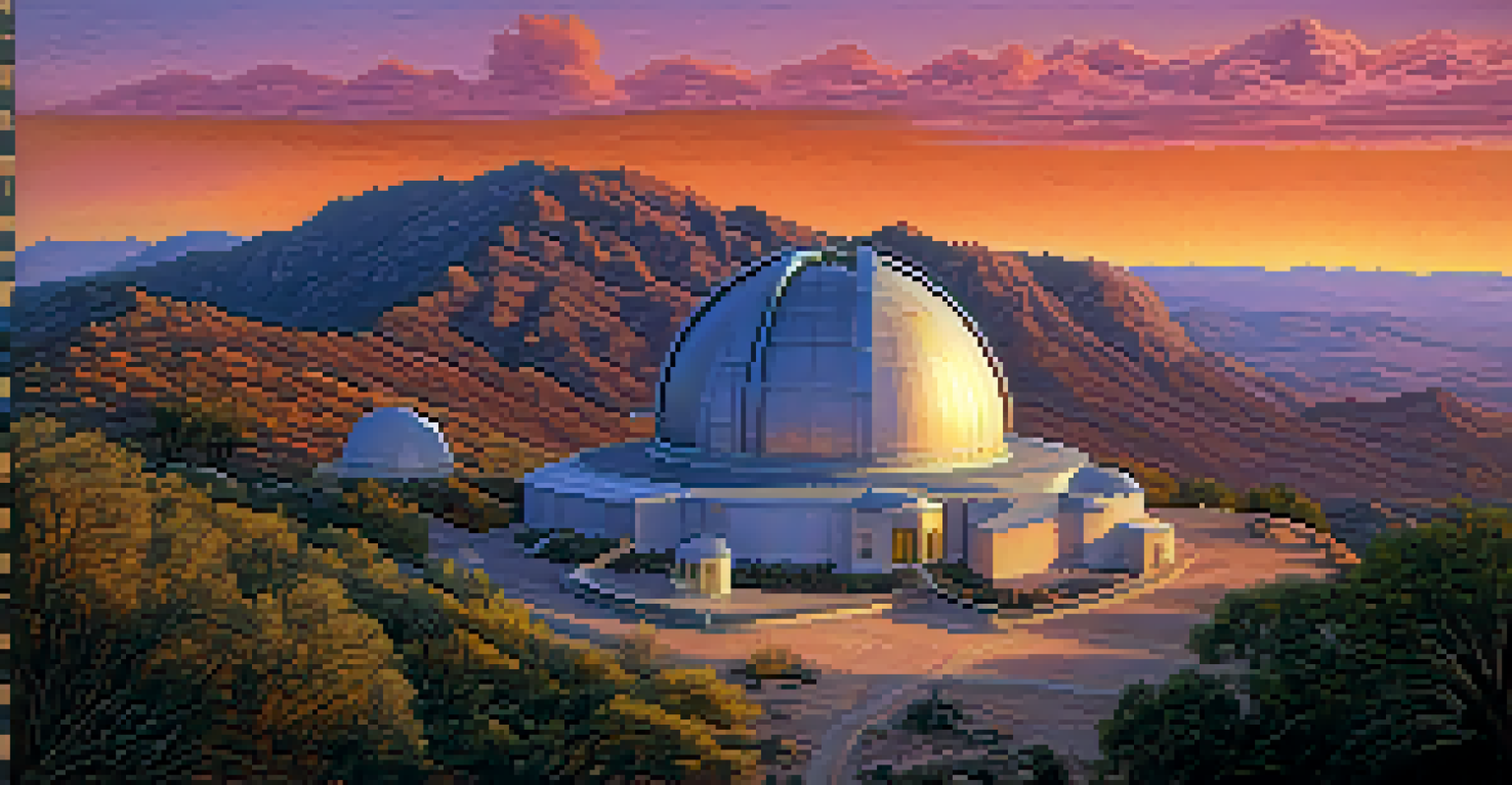 Aerial view of Kitt Peak National Observatory at sunset, showcasing telescopes and a colorful sky.