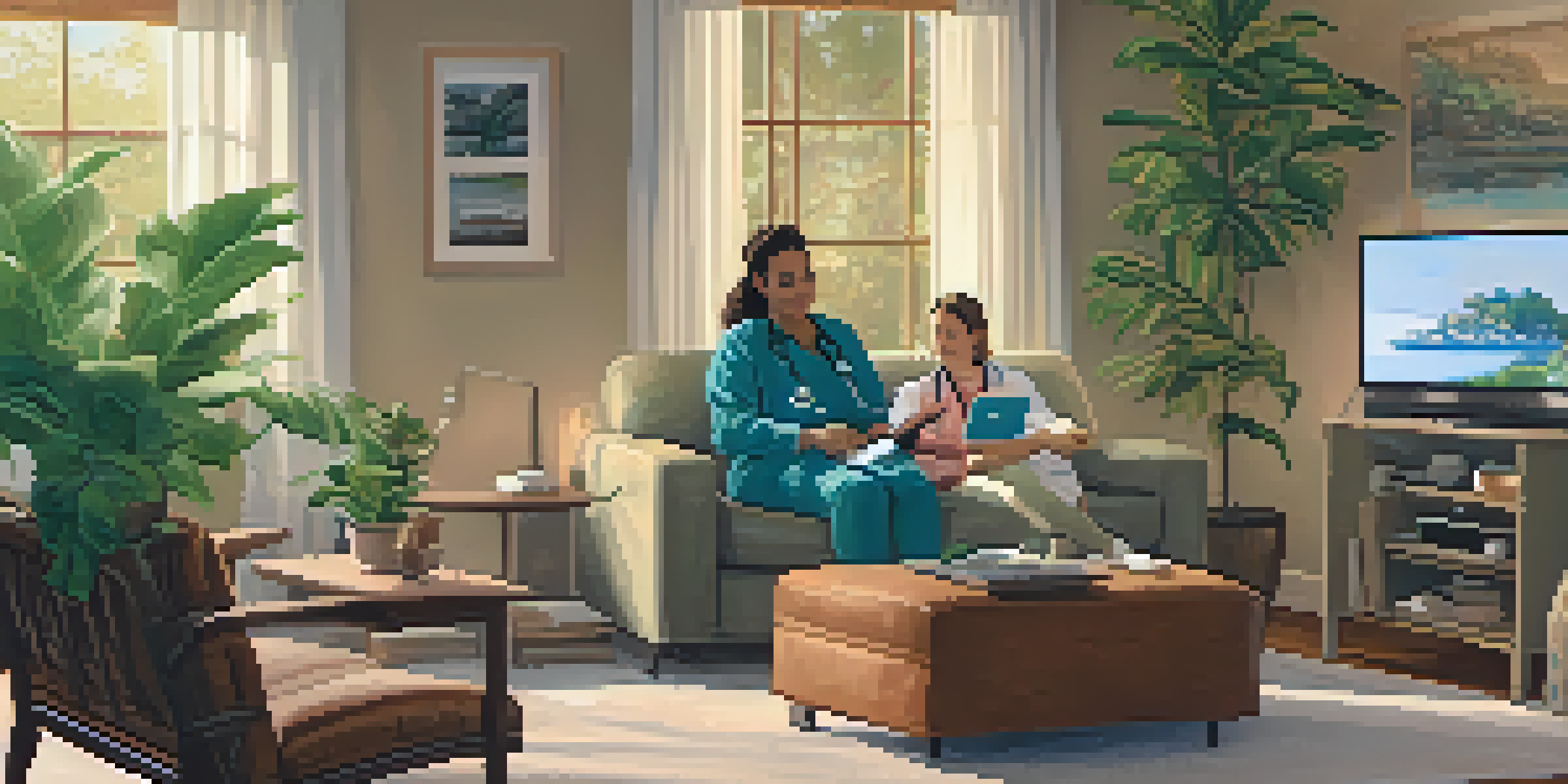 A patient having a telehealth consultation in a cozy living room with a doctor on the laptop screen.
