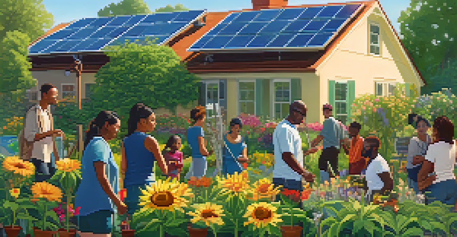 A diverse group of people working together to install solar panels in a community garden.
