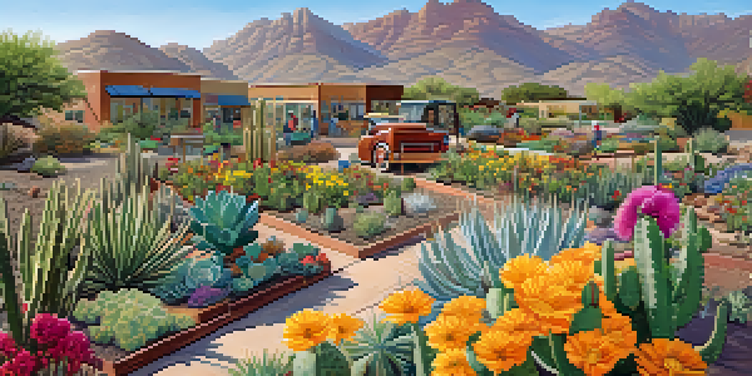 A colorful Arizona community garden with diverse native plants, people gardening, and desert vegetation in the background.