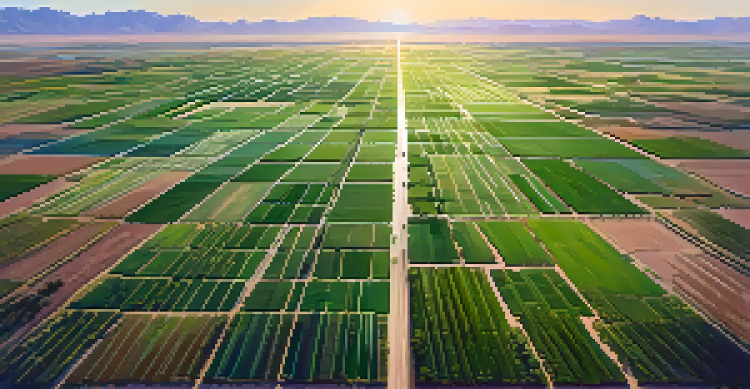 An aerial view of green agricultural fields in Arizona with irrigation canals.