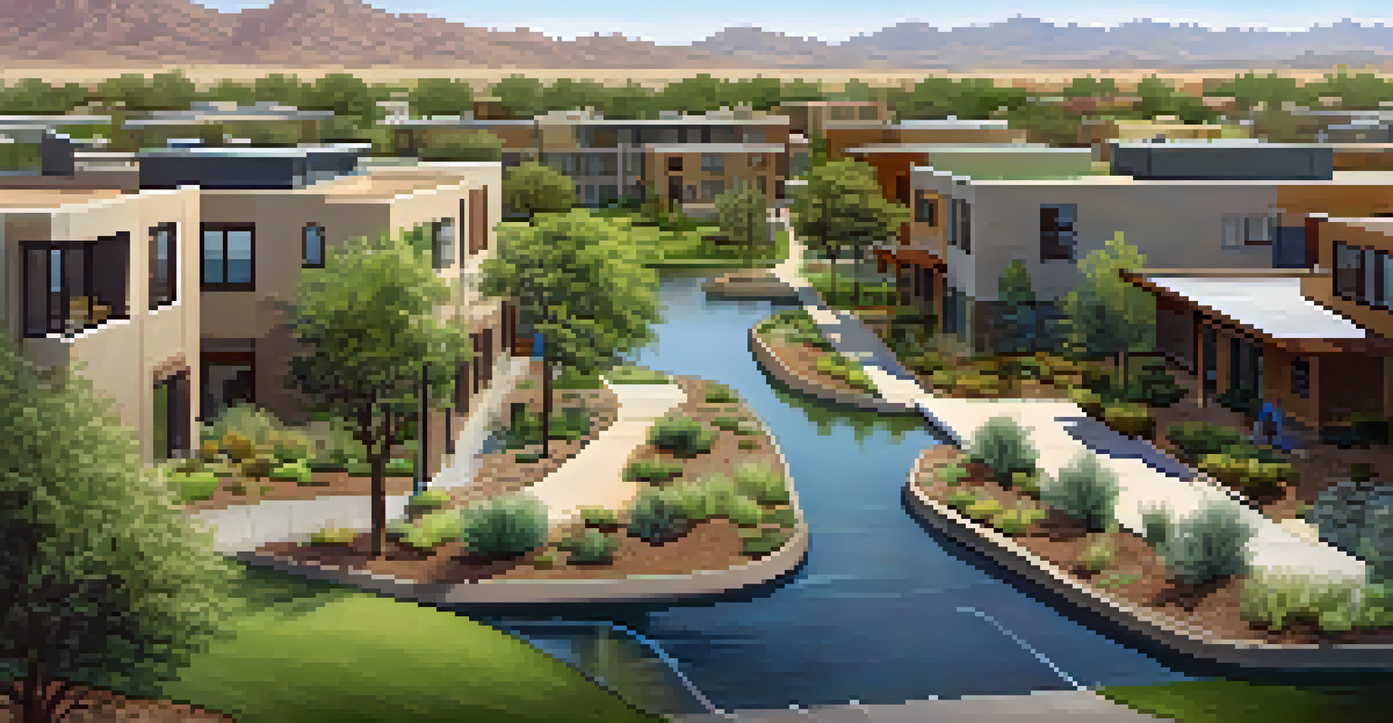 An aerial view of stormwater management infrastructure in Arizona, showing retention basins, permeable pavements, and rain gardens in a residential area with houses in the background.
