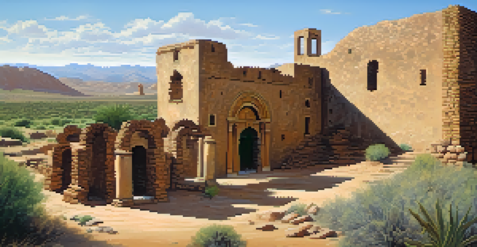 Ruins of a mission building with adobe walls and archways, surrounded by desert hills and vegetation under bright sunlight.