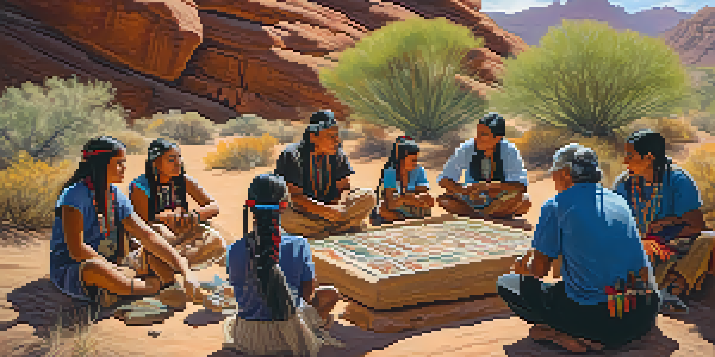 An outdoor Indigenous language class in Arizona, featuring a teacher and diverse students engaged in learning with traditional artifacts around them.