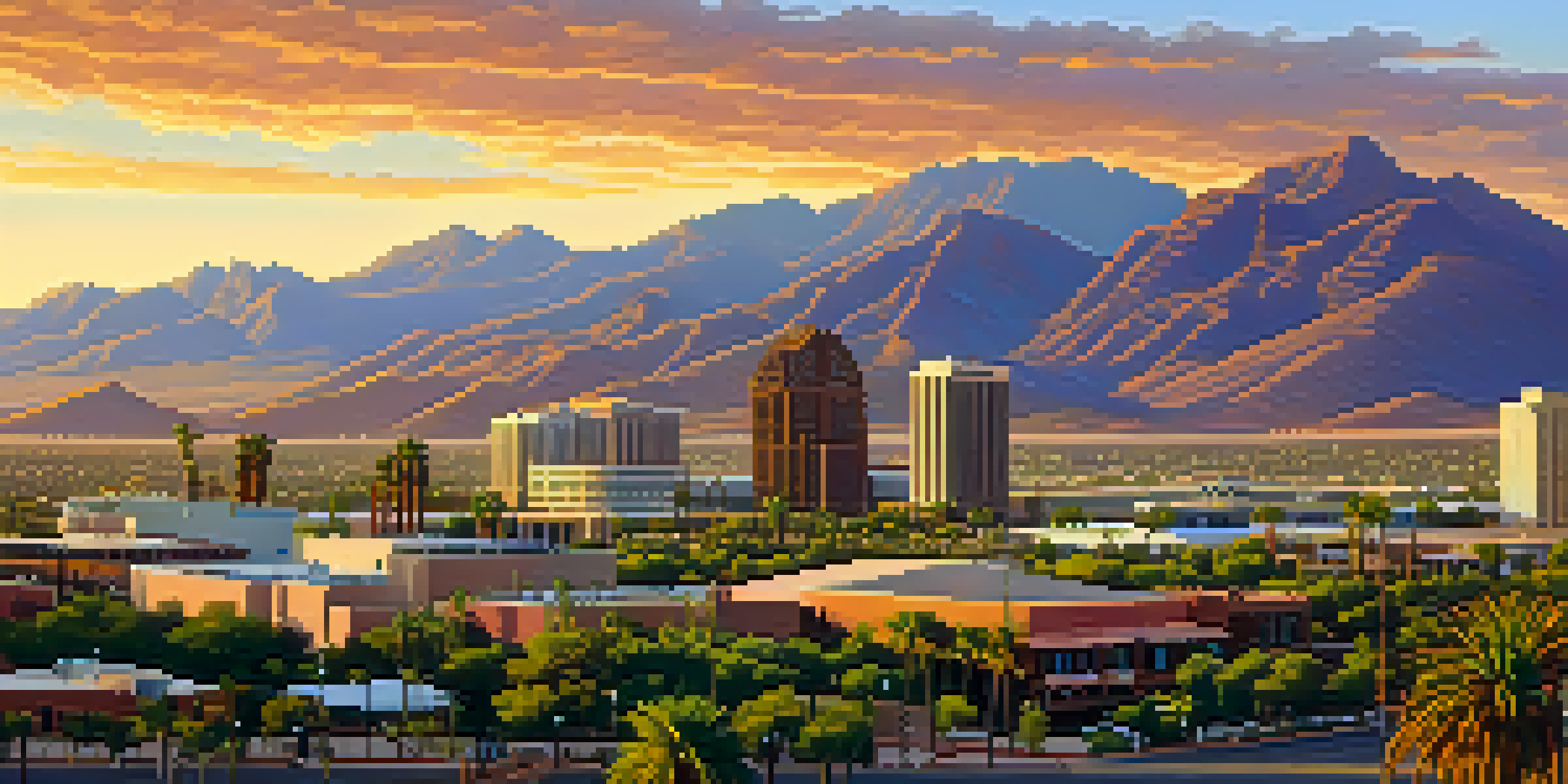 A colorful sunset view of Phoenix, Arizona, highlighting modern buildings and palm trees with mountains in the background.