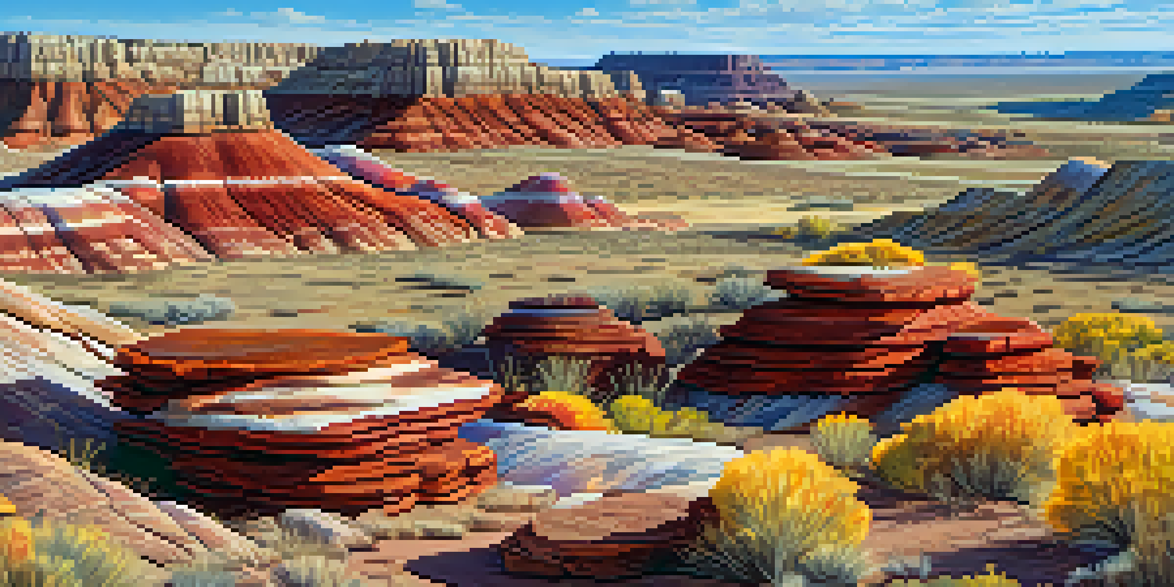 A panoramic view of Petrified Forest National Park featuring colorful badlands and scattered ancient petrified wood logs under a bright blue sky.
