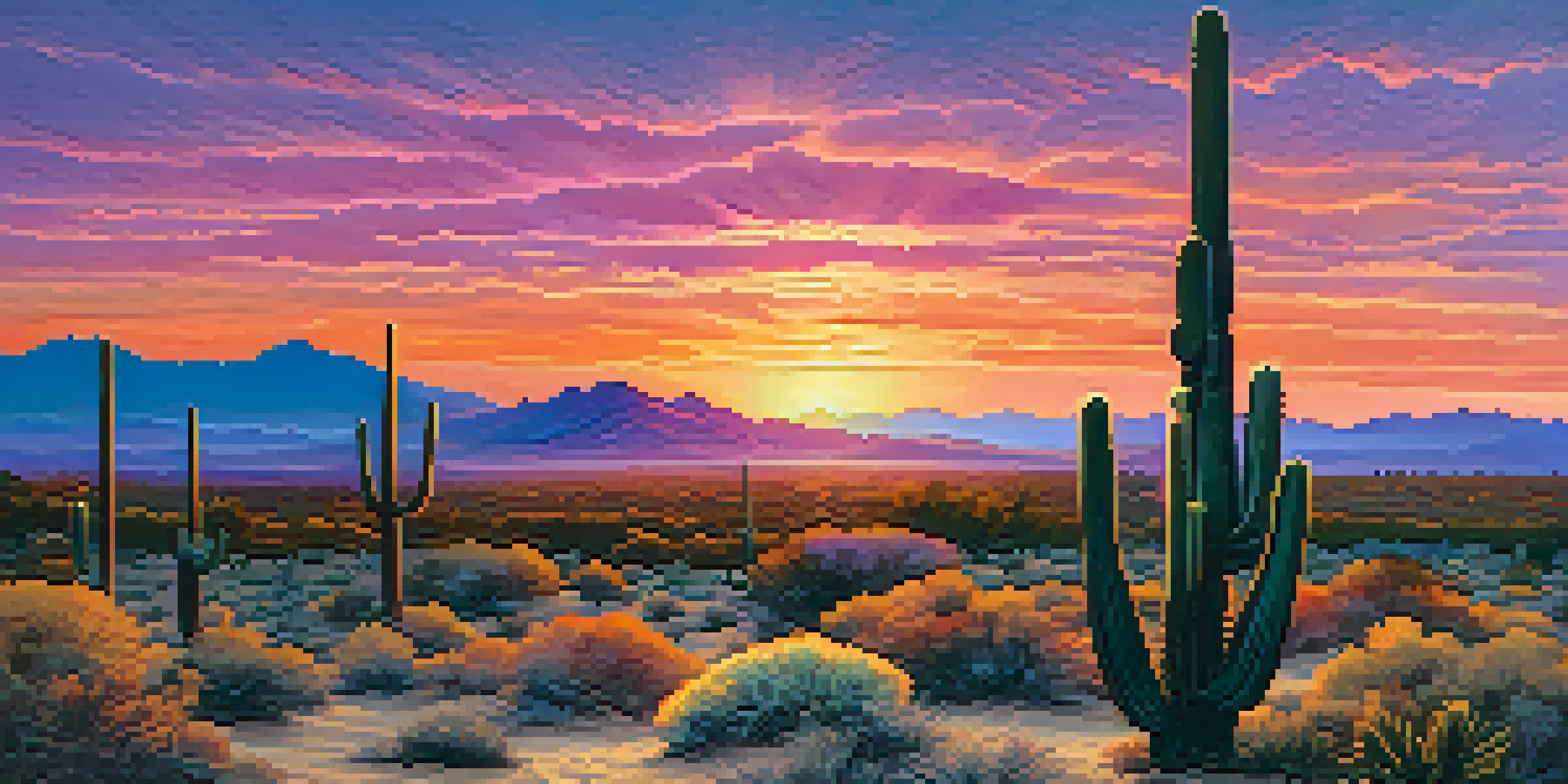 A colorful sunset in the Sonoran Desert with silhouetted cacti and distant mountains.
