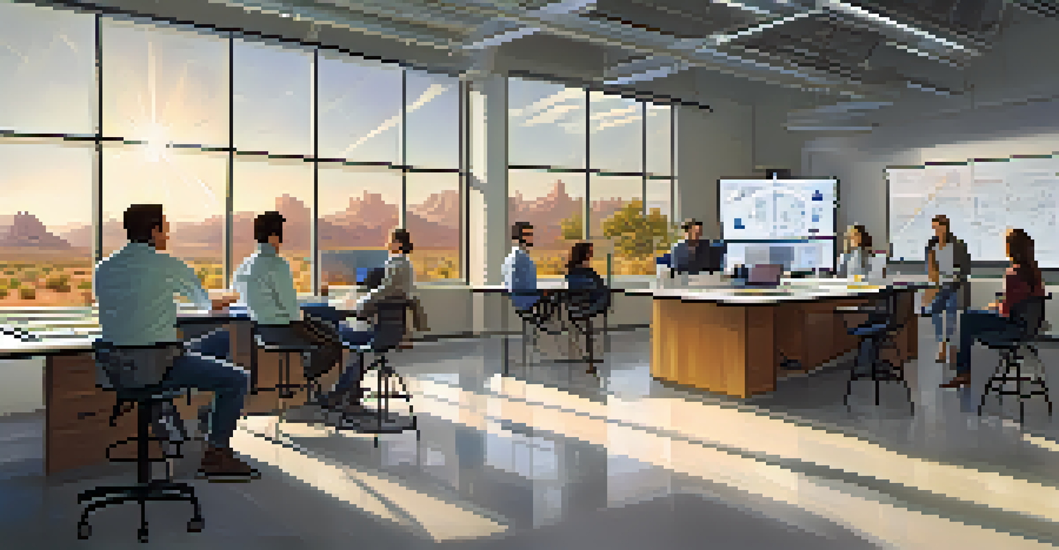 Researchers at Arizona State University collaborating on solar energy technology in a bright lab.