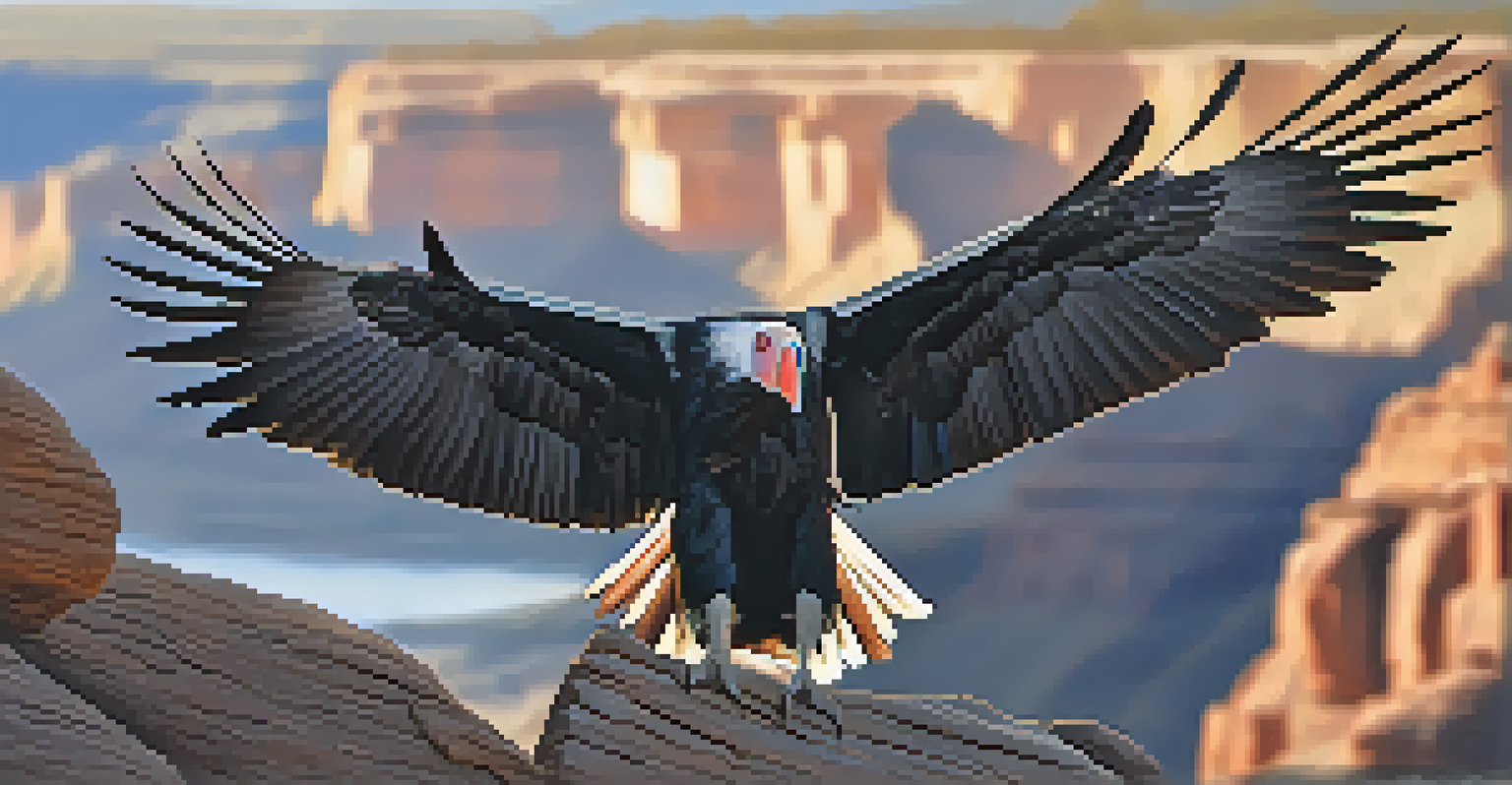 A close-up of an endangered California condor on a rocky ledge with its wings spread.