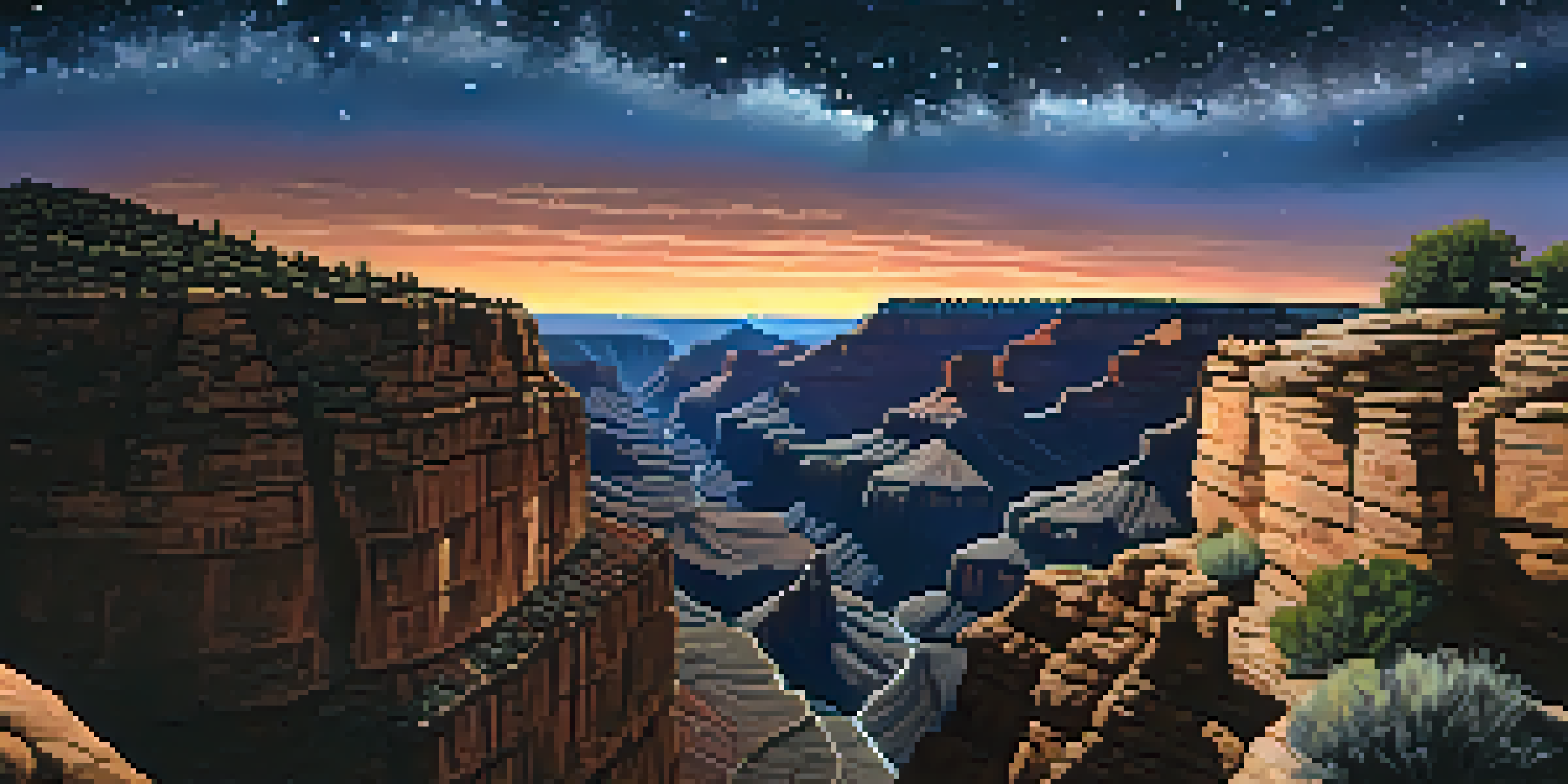 A stunning night sky with stars and the Milky Way above the Grand Canyon, showcasing the canyon's silhouette in the foreground.