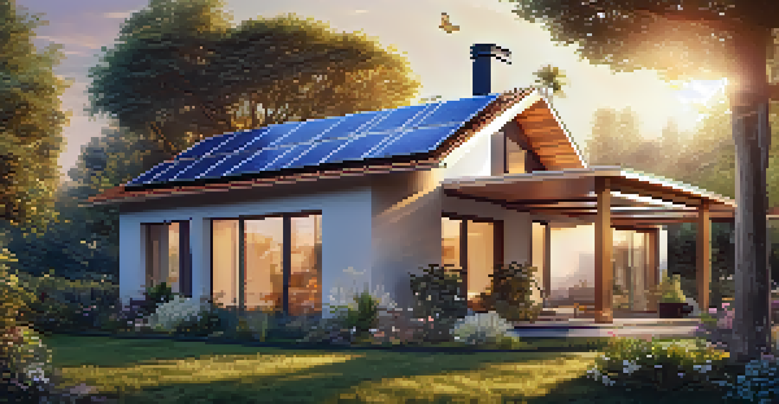 A modern home with solar panels, surrounded by a vibrant garden, under a warm sunset sky.