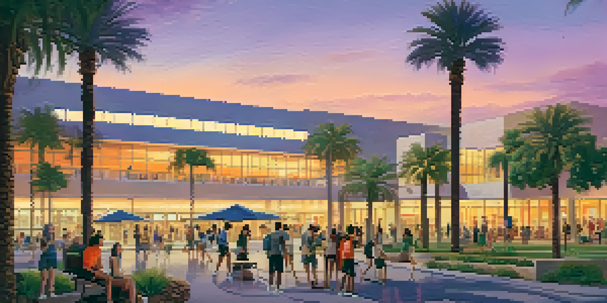 A colorful Arizona university campus at sunset with students studying and playing.