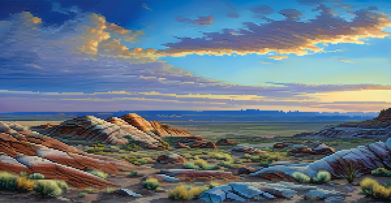A serene morning in the Petrified Forest National Park, featuring colorful petrified wood under the soft light of dawn.
