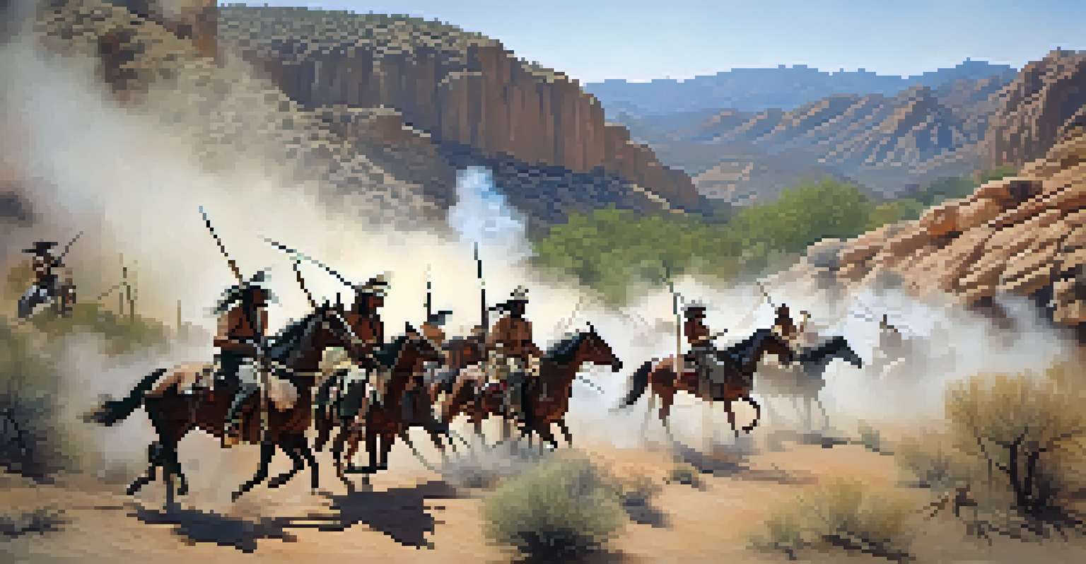A reenactment of the Battle of Apache Pass showing Apache warriors and U.S. soldiers in a rocky canyon.