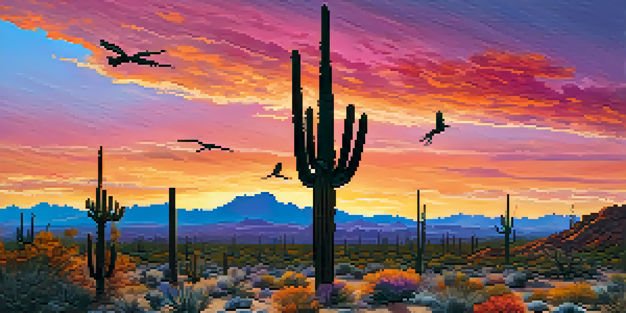 A sunset scene in Saguaro National Park featuring saguaro cacti and a roadrunner under a colorful sky.