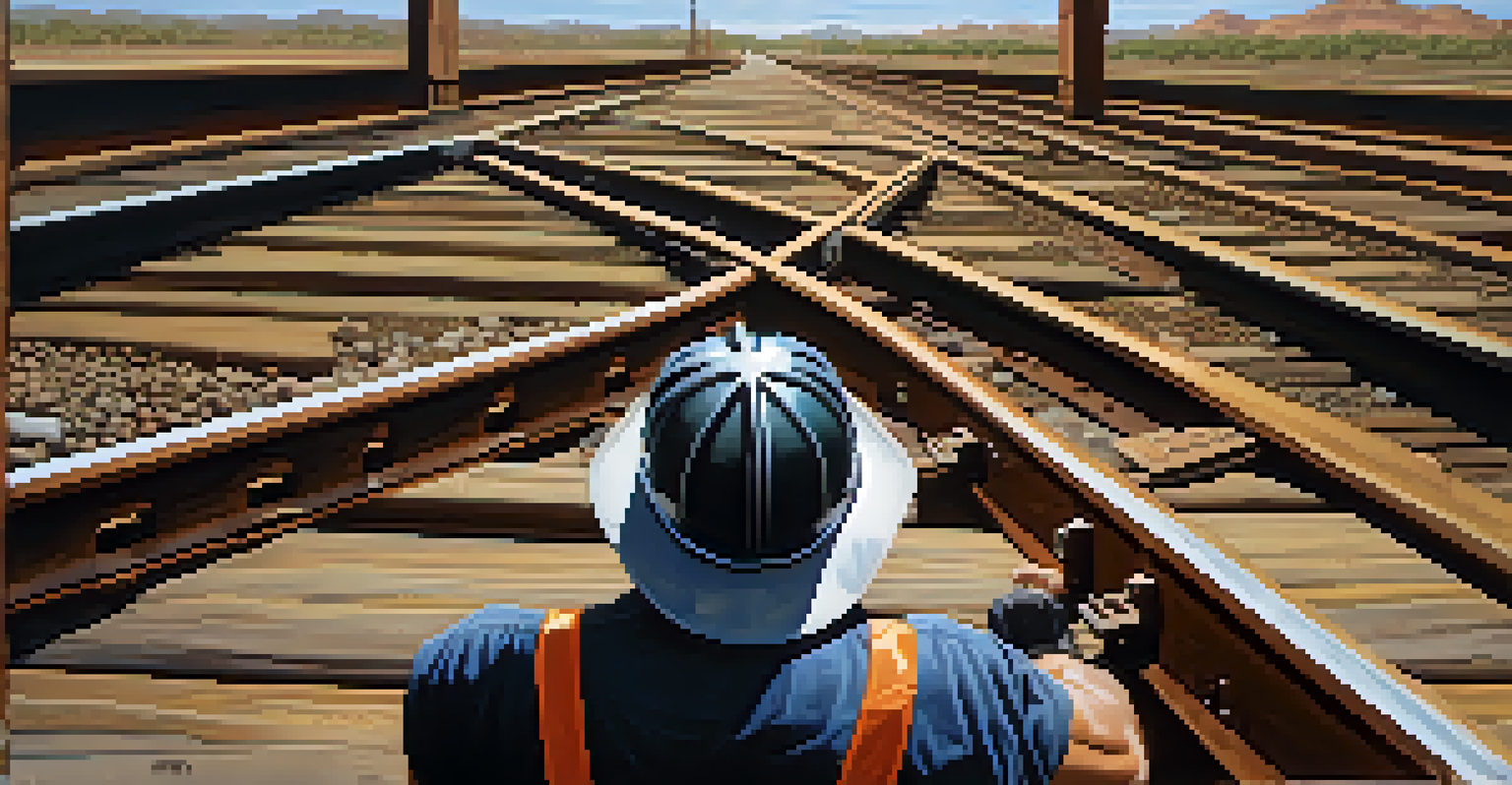 A railroad worker inspects the tracks in Arizona, highlighting the textures of wooden ties and metal rails.