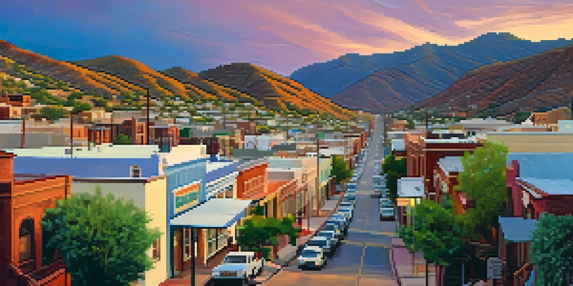 A scenic view of Bisbee, Arizona, featuring colorful houses and art galleries at sunset, surrounded by mountains.
