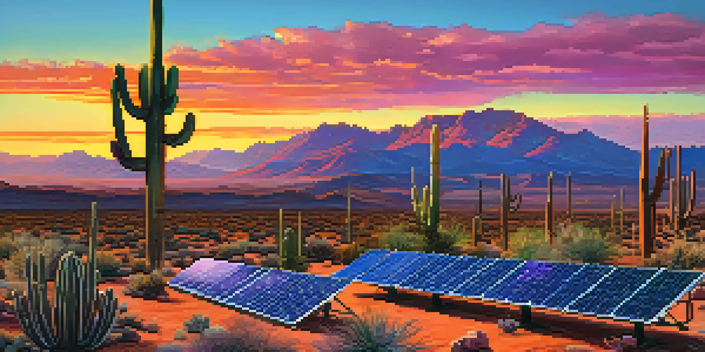 A scenic Arizona desert landscape with solar panels in the foreground and a colorful sunset sky.