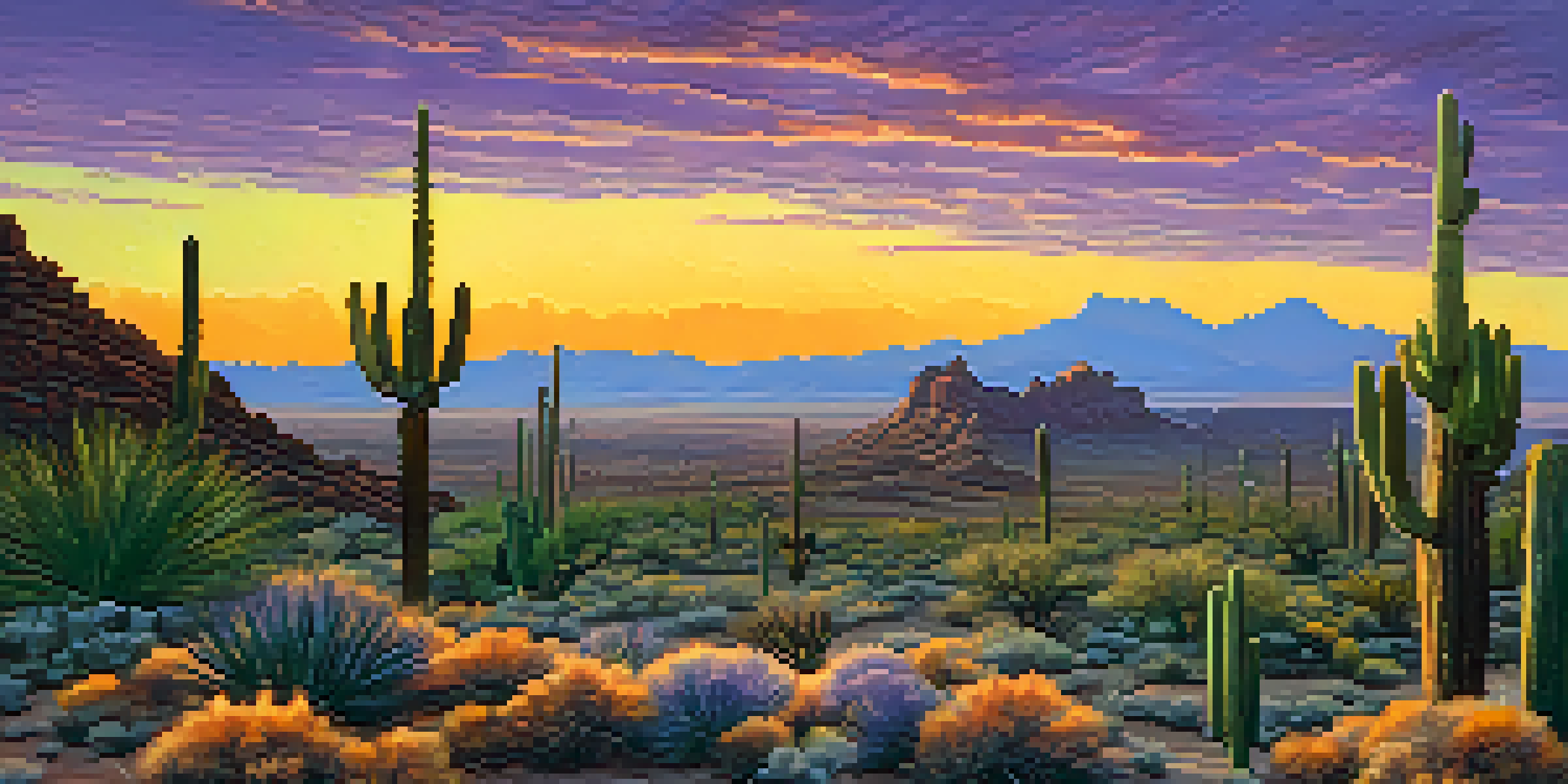 Aerial view of Arizona's desert landscape at sunset with cacti and mountains.