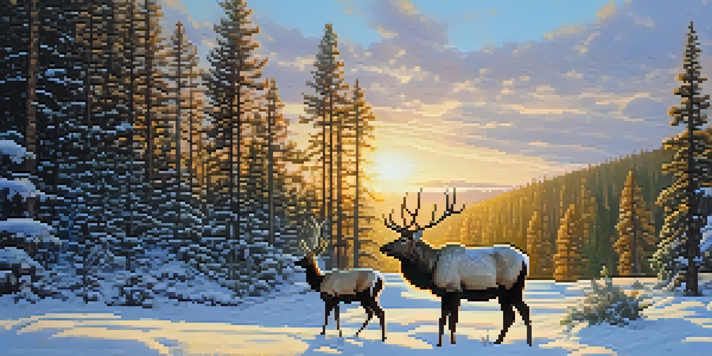 A winter scene in Arizona with snow-covered trees and elk grazing in a peaceful forest at sunset.