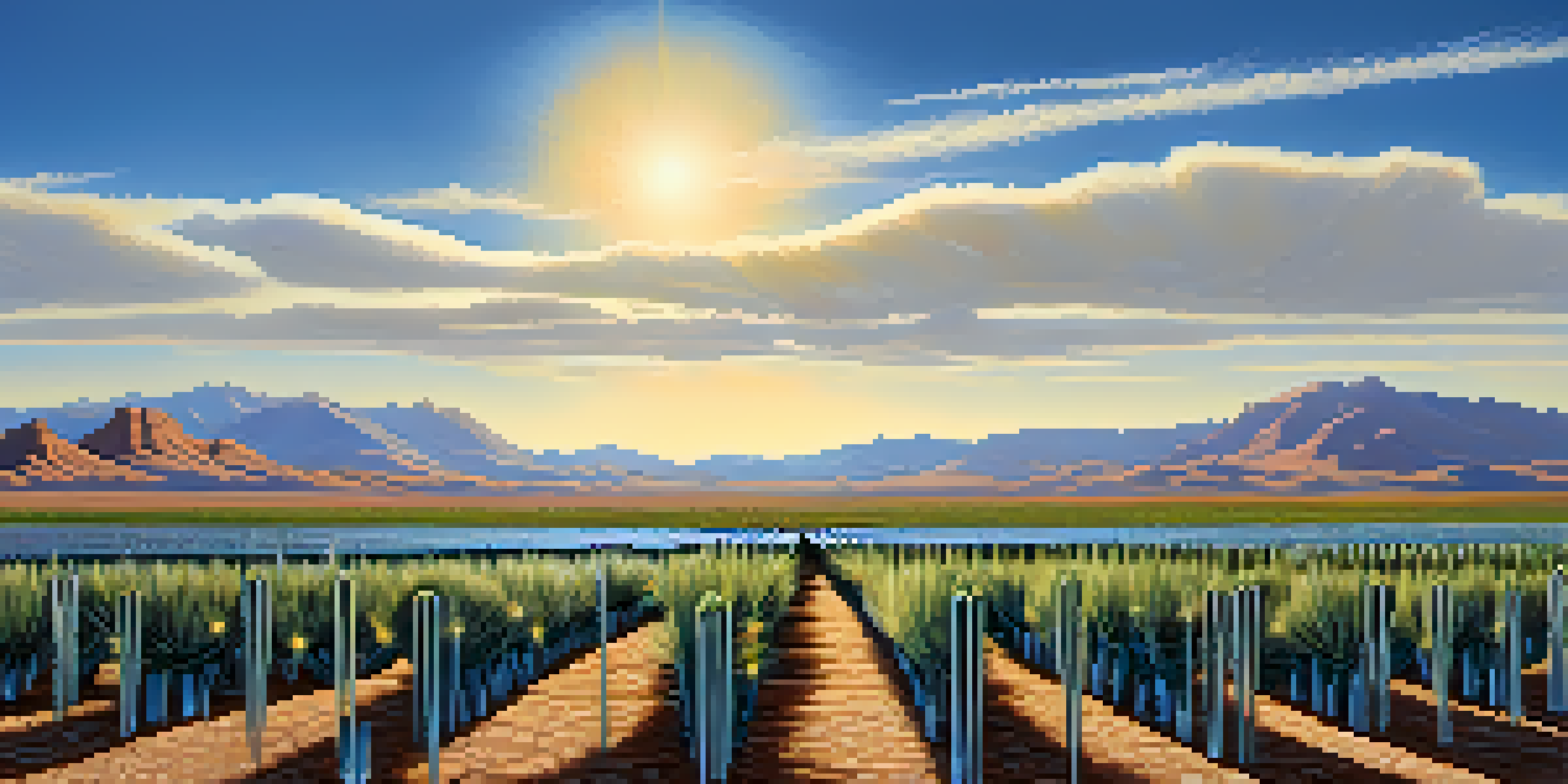 A scenic view of a solar farm in Arizona, with solar panels, cacti, and mountains under a clear blue sky.