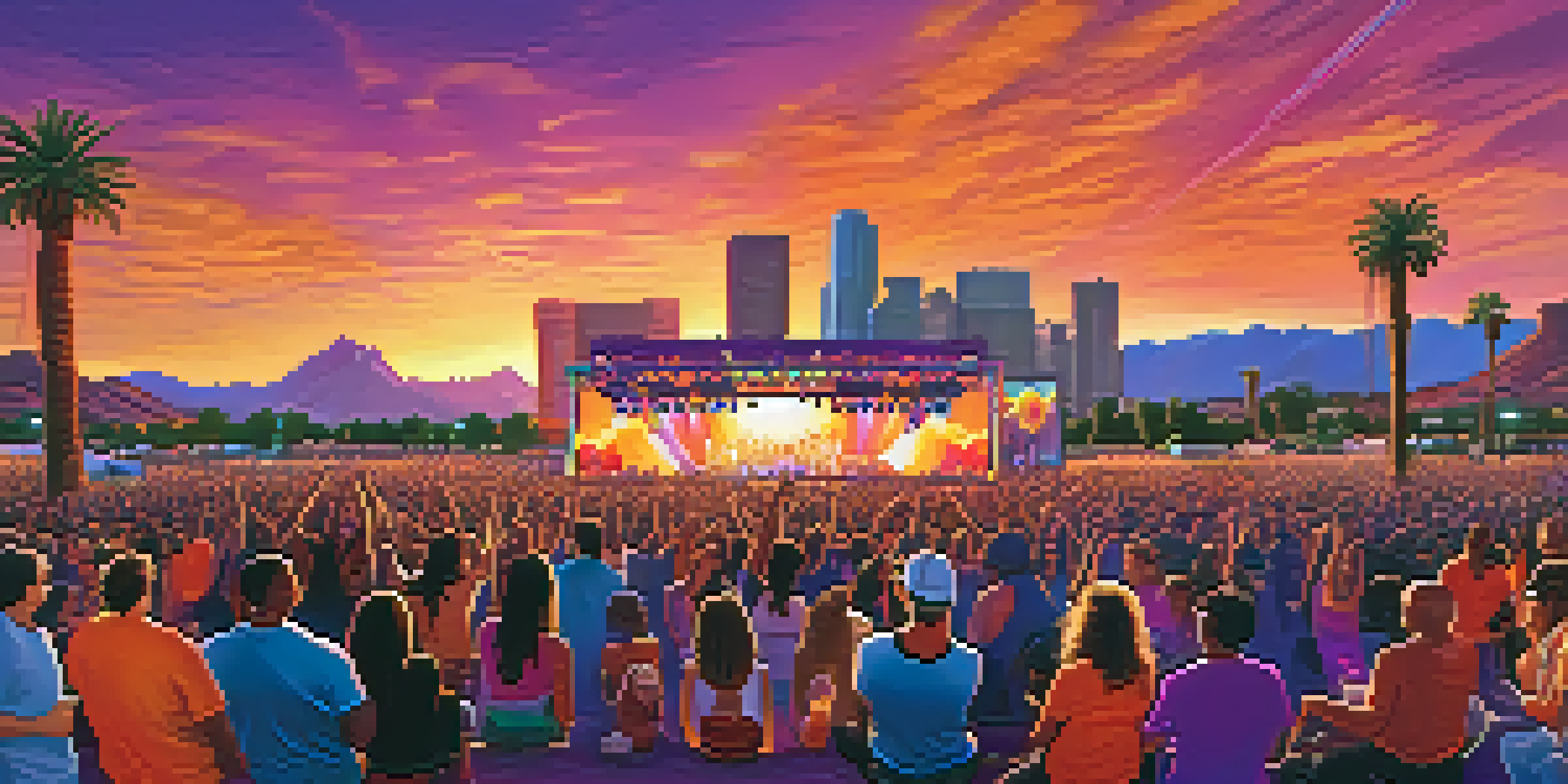 A vibrant music festival in Arizona with musicians on stage and a sunset backdrop, featuring festival-goers dancing amidst colorful lights.