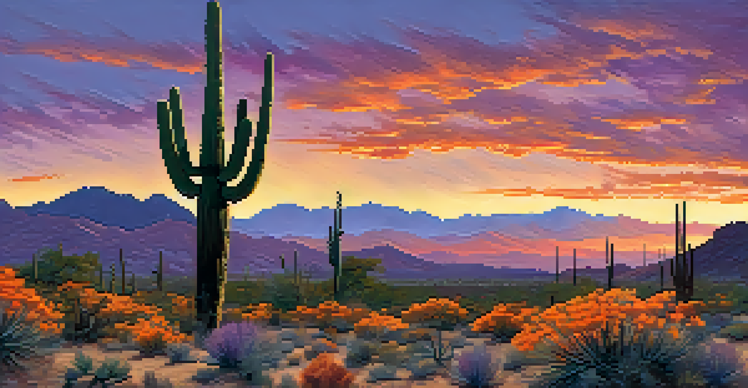 A stunning sunset in Saguaro National Park with tall cacti and wildflowers, featuring a tortoise in the foreground.