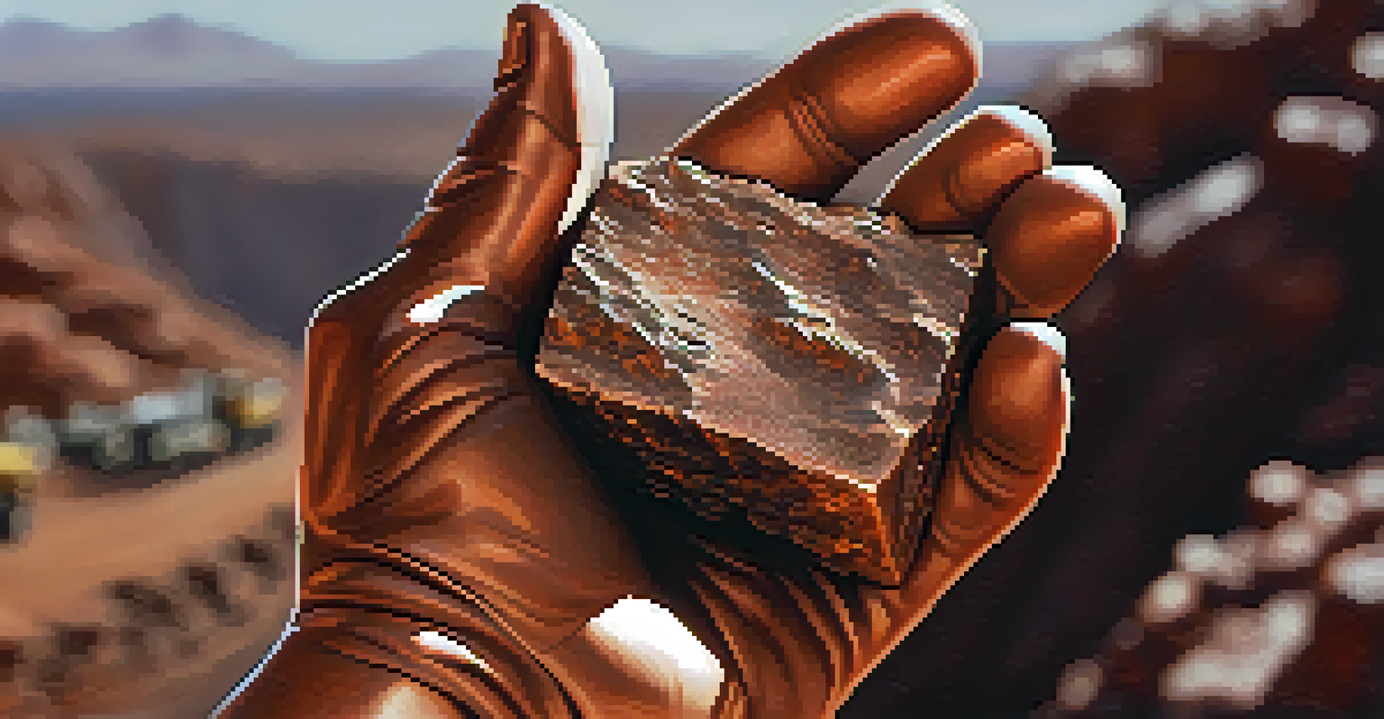Close-up of a miner's hand holding copper ore with mining equipment in the background.