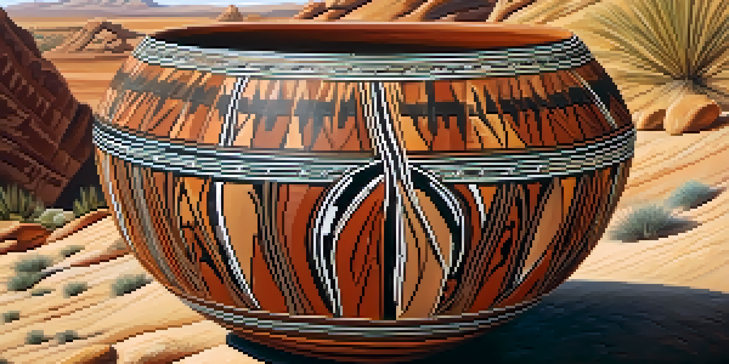 A detailed view of Native American pottery with geometric designs, set in a desert landscape under soft sunlight.