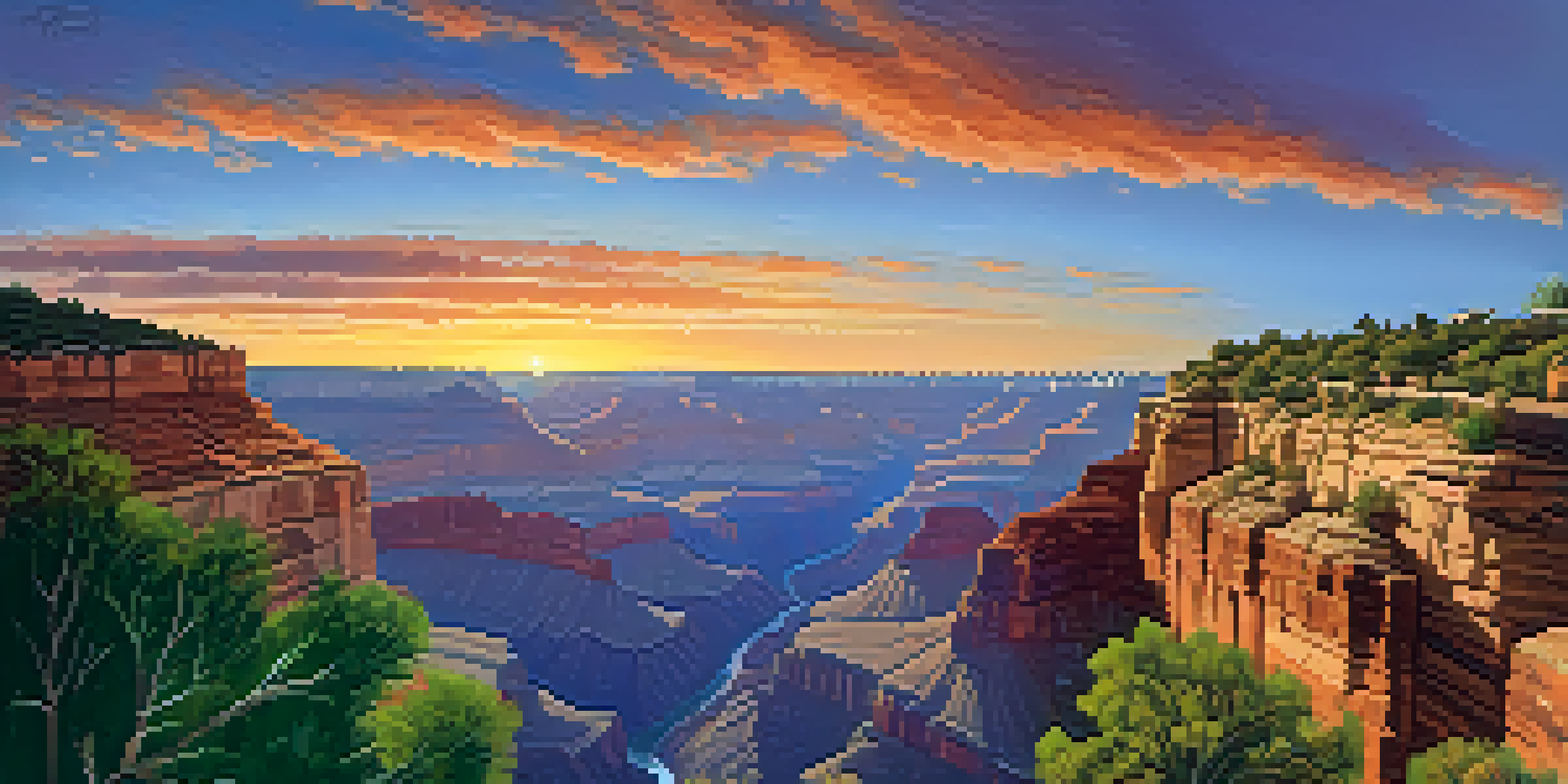 Aerial view of the Grand Canyon at sunset, with vibrant colors in the sky and lush greenery in the foreground.