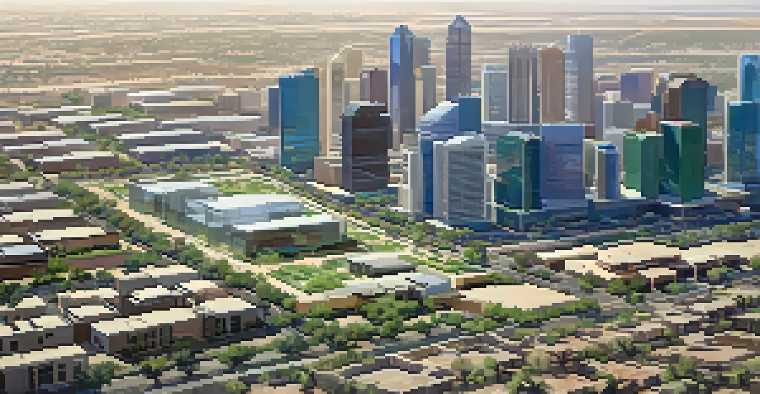 An aerial view of Phoenix, Arizona, showcasing urban development with parks surrounded by desert.