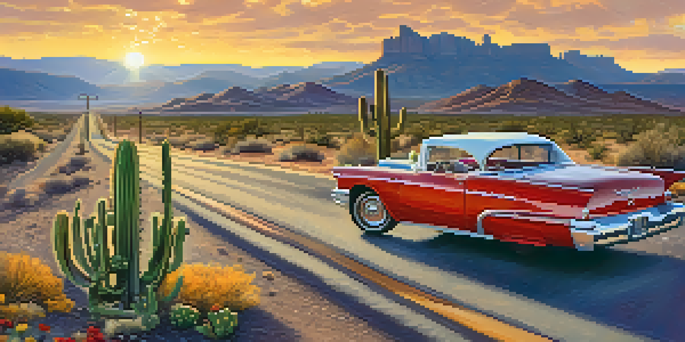 A vintage car driving on Route 66 with a sunset and desert landscape in Arizona.