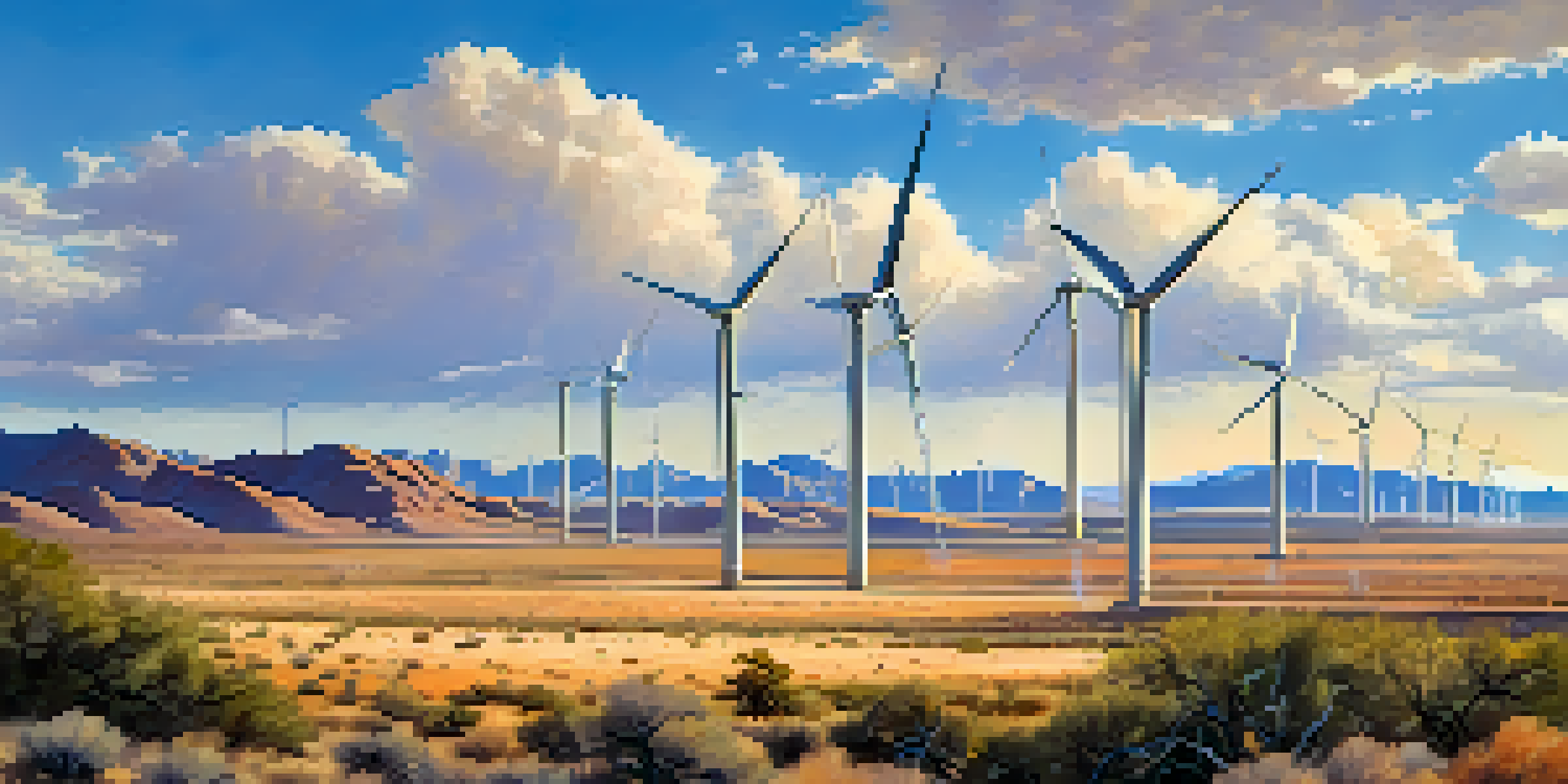 A scenic landscape featuring wind turbines in Arizona's desert with mountains and a clear blue sky.