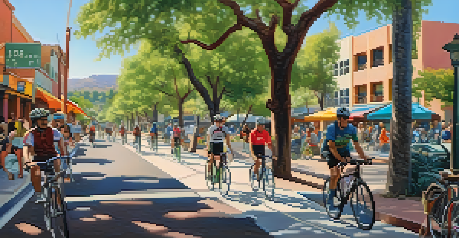 An urban street in Arizona filled with cyclists on dedicated bike lanes surrounded by greenery and murals.