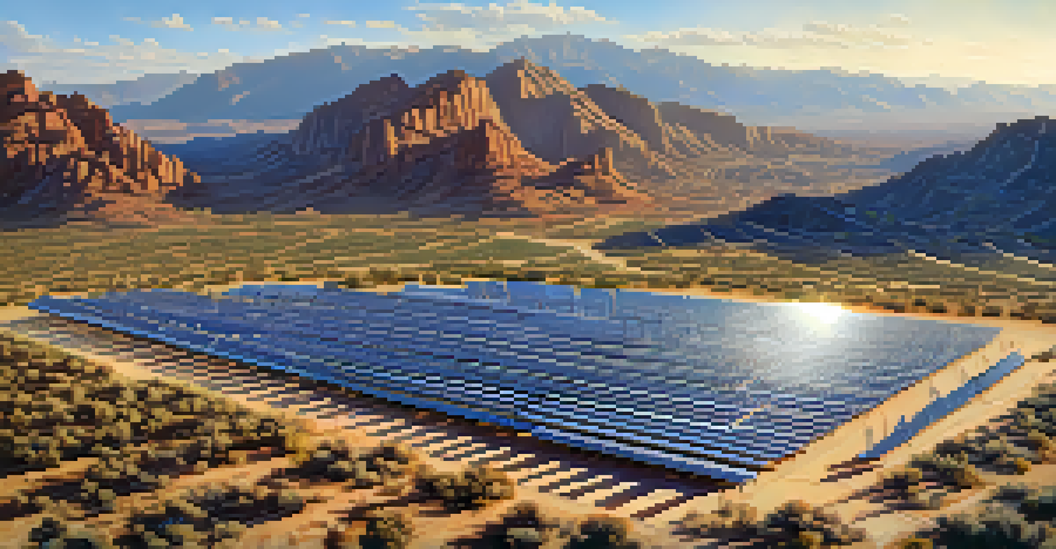 Aerial view of a solar farm in Arizona with solar panels and desert mountains in the background.