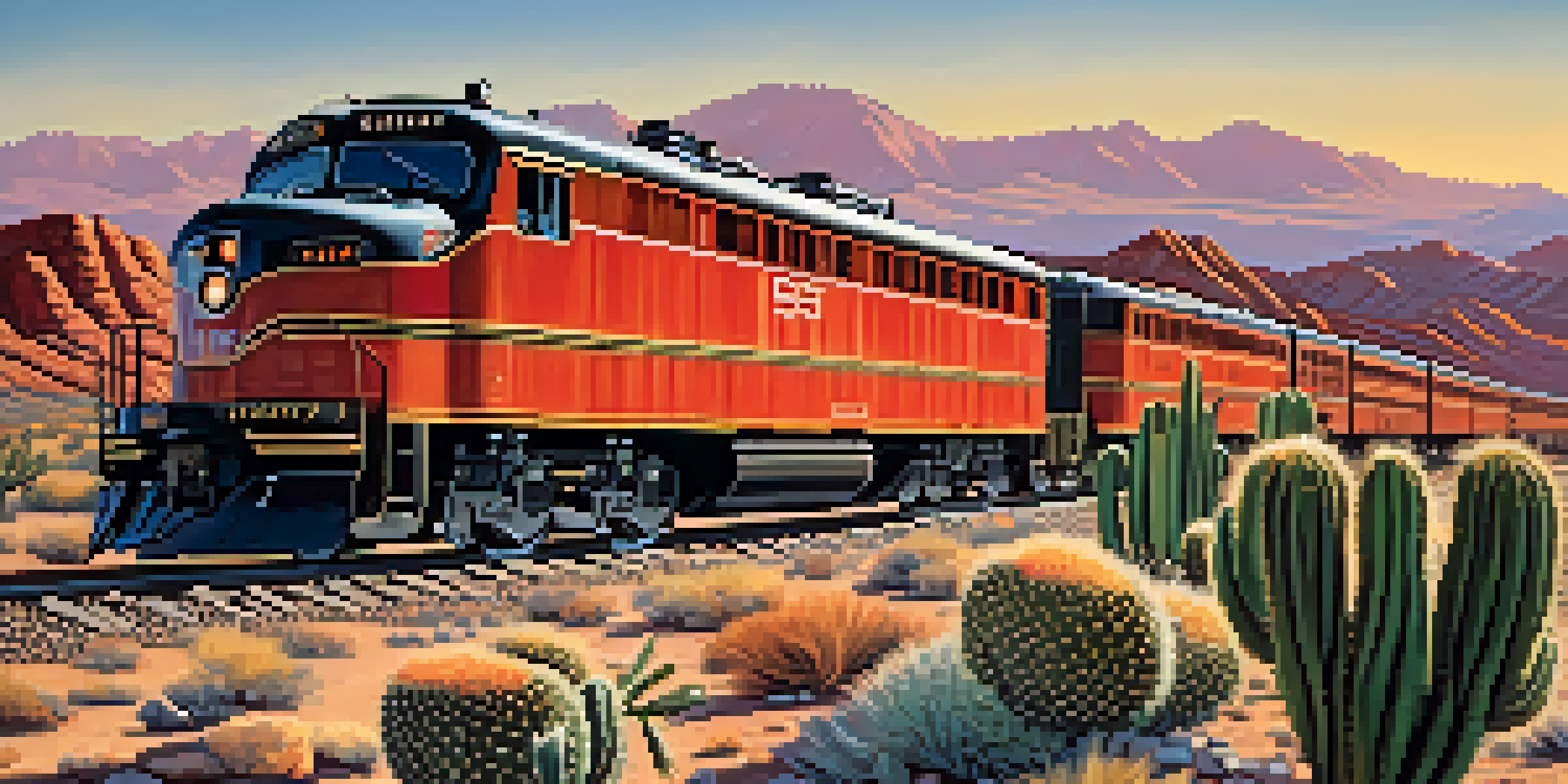 A vintage Southern Pacific Railroad train travels through the Arizona desert at sunset, with cacti and mountains in the background.