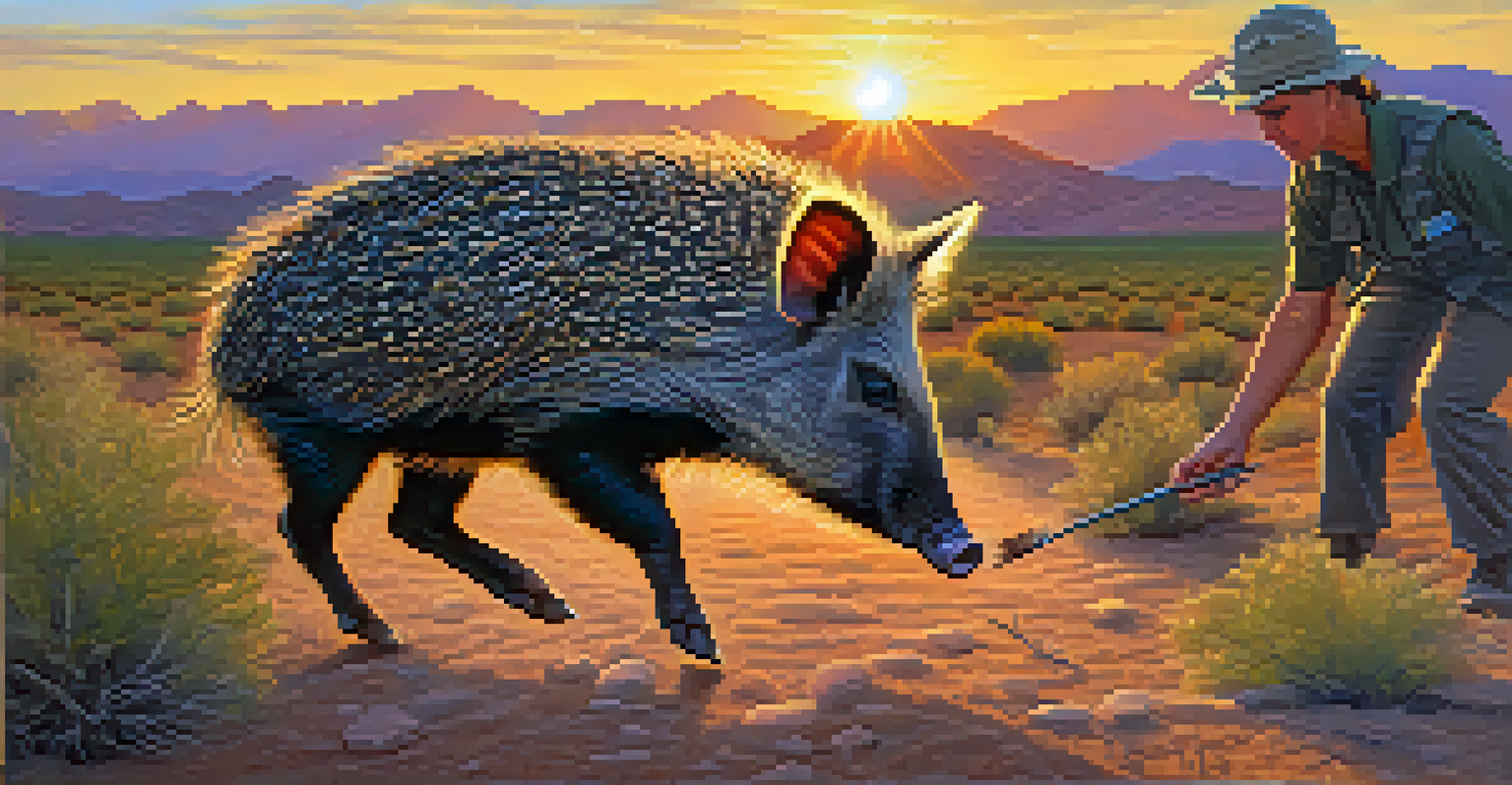 A rehabilitator releasing a javelina into the wild, with the animal captured mid-leap against a backdrop of green desert plants during sunset.