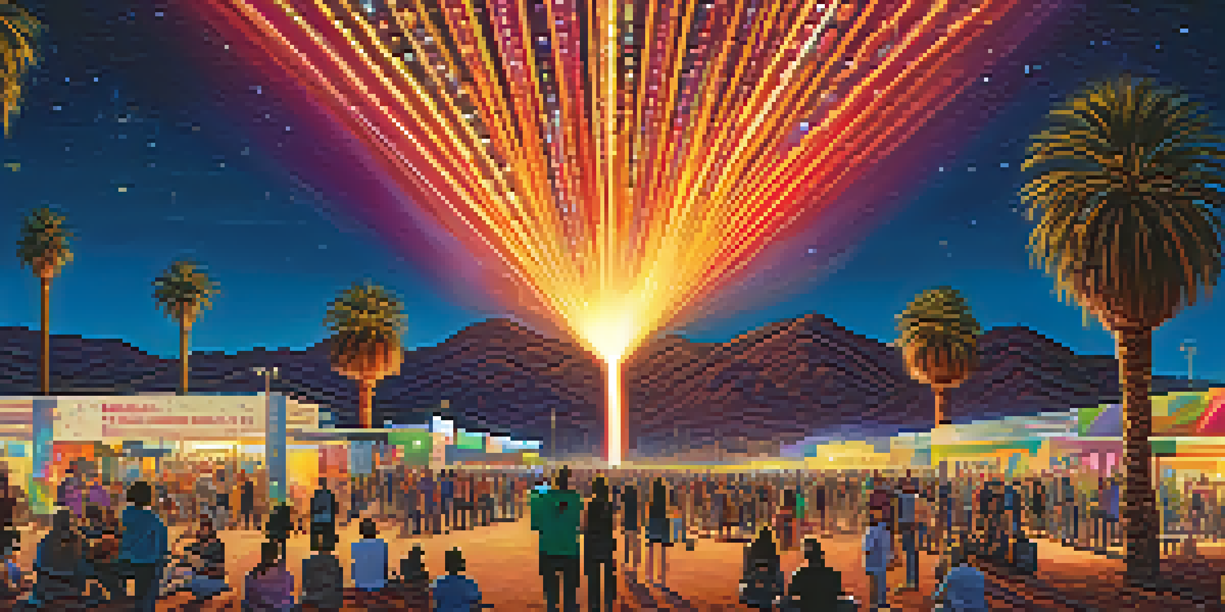 A colorful night scene from the Phoenix Lights Festival, featuring light installations and people enjoying the festivities under a starry sky.