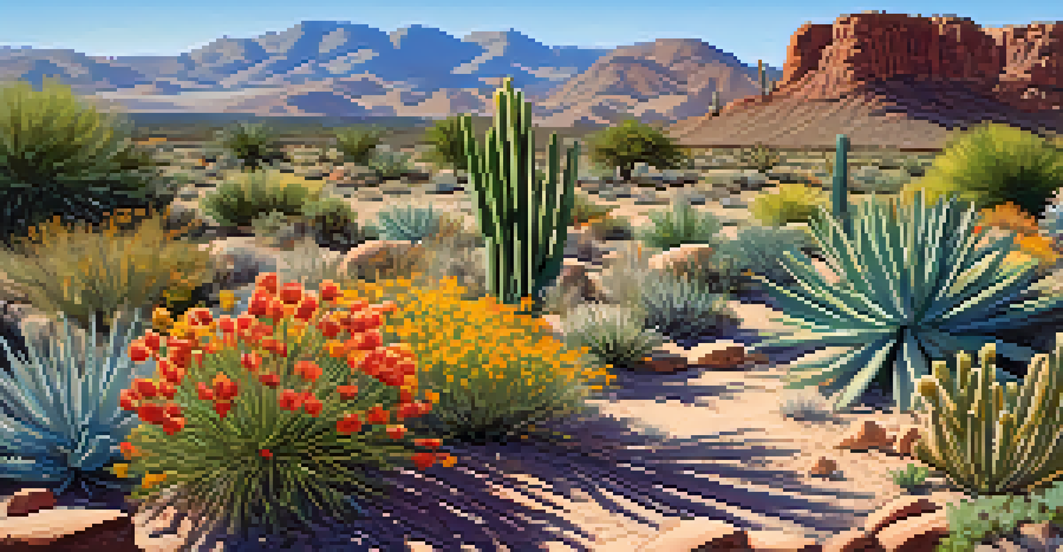 A colorful xeriscaped garden in Arizona with various drought-resistant plants under a clear blue sky.