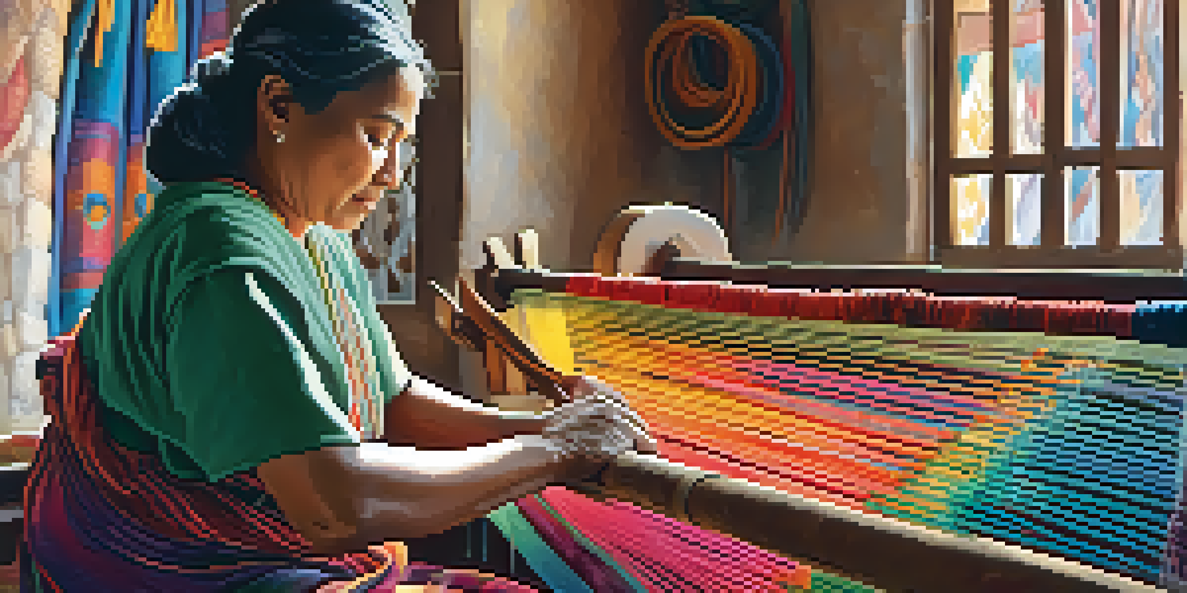 An artisan weaving on a loom, with colorful yarns and threads surrounding them in a sunlit workspace.