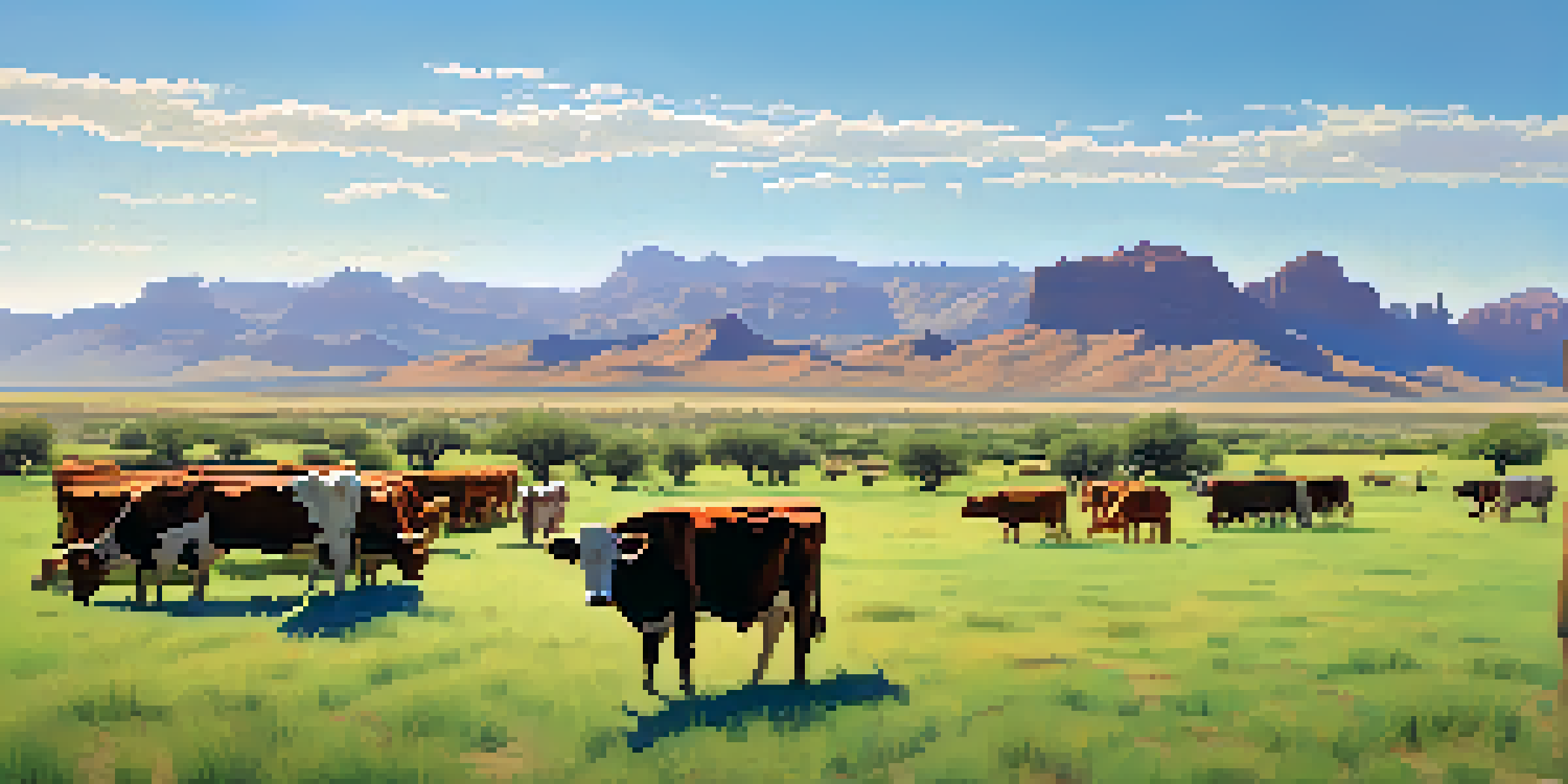 A wide view of an Arizona landscape with cattle grazing on green pastures under a clear blue sky, emphasizing the contrast between dry soil and vibrant grass.