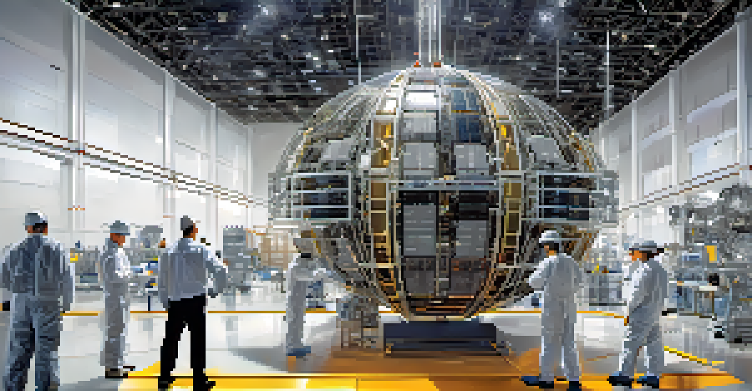 Close-up of a futuristic satellite being assembled in a facility, with engineers collaborating in the background.