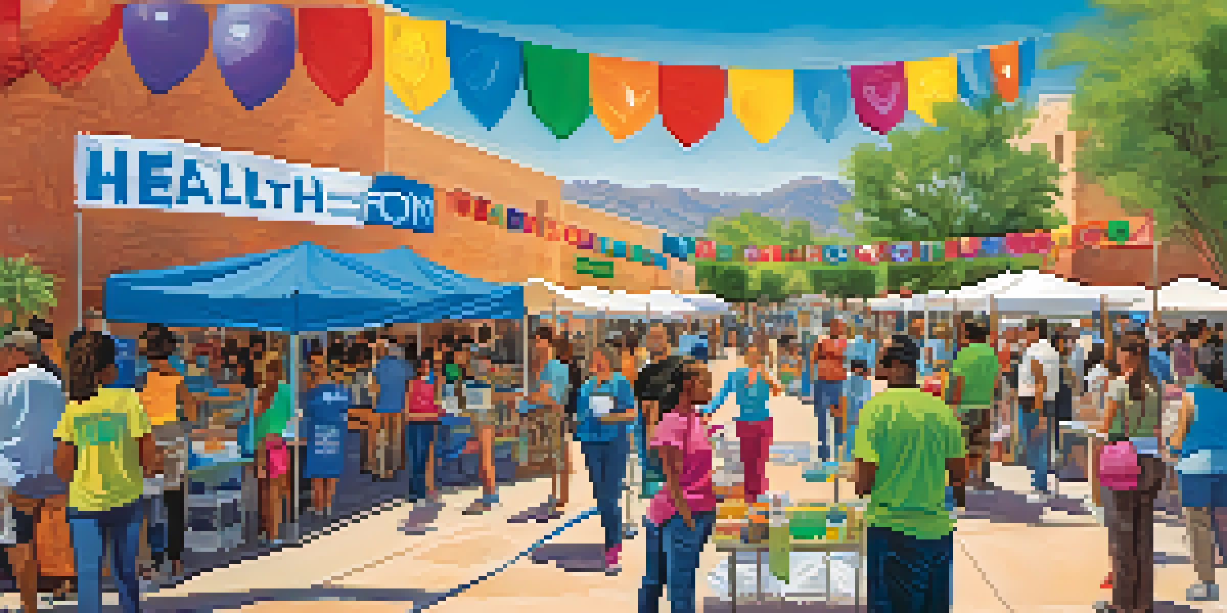 A lively community health fair in Arizona with diverse families, health booths, and colorful banners under a clear sky.